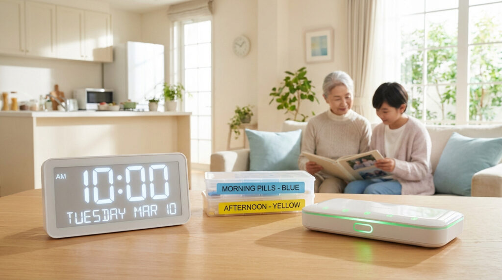 Horloge digitale, piluliers et appareil connecté sur table. Femme âgée et jeune consultent un album. Aides au quotidien.