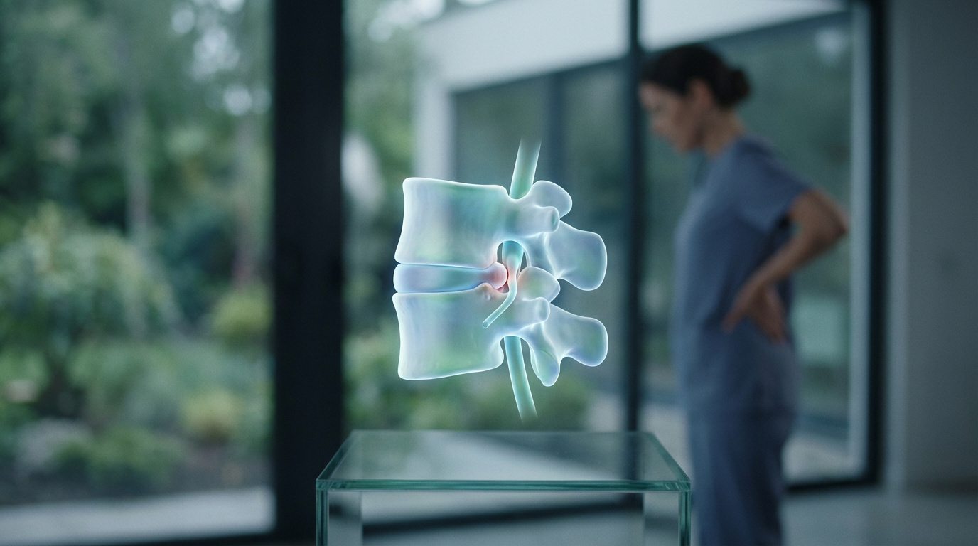 Modèle holographique 3D d'une colonne vertébrale montrant une hernie discale. Une personne tient son dos, en arrière-plan.