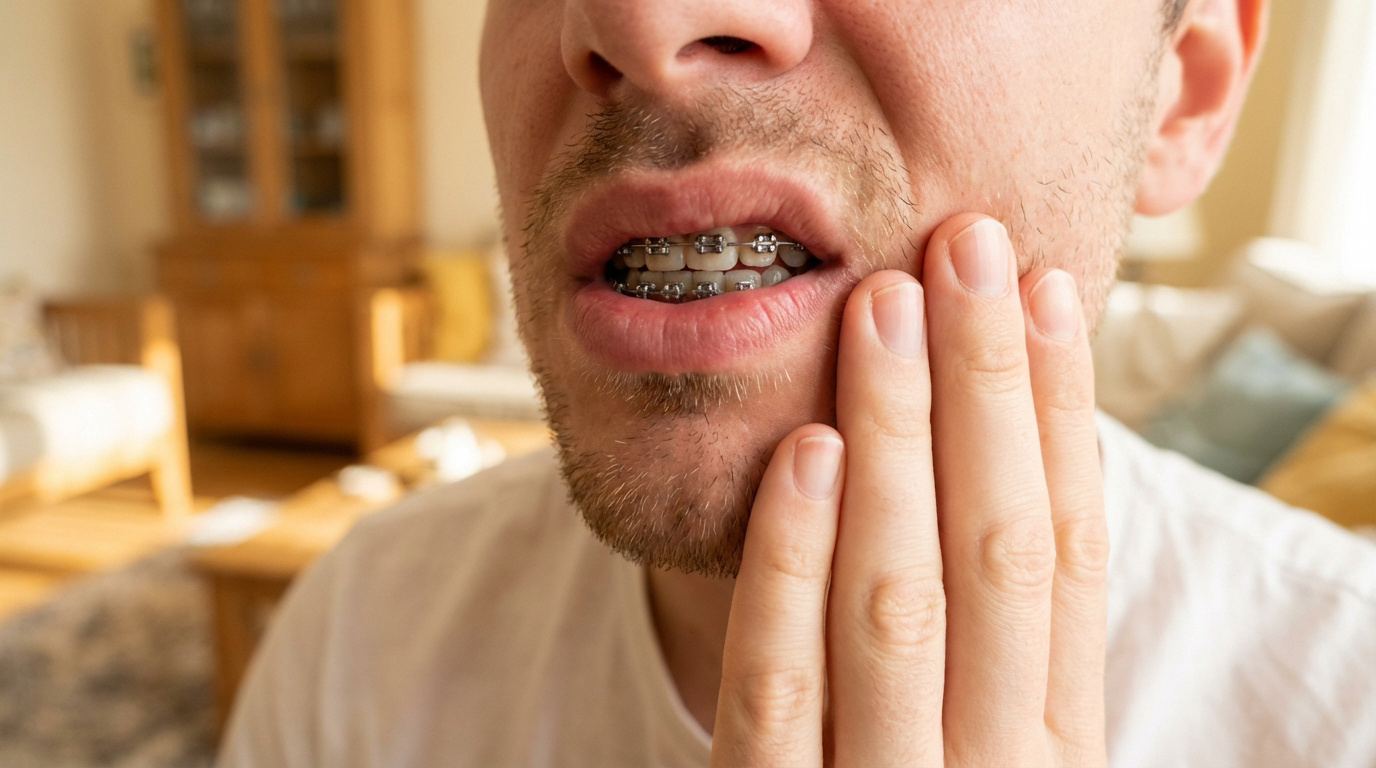 Gros plan sur le visage d'un homme barbu avec un appareil dentaire, se tenant la joue d'un air douloureux. Arrière-plan flou.