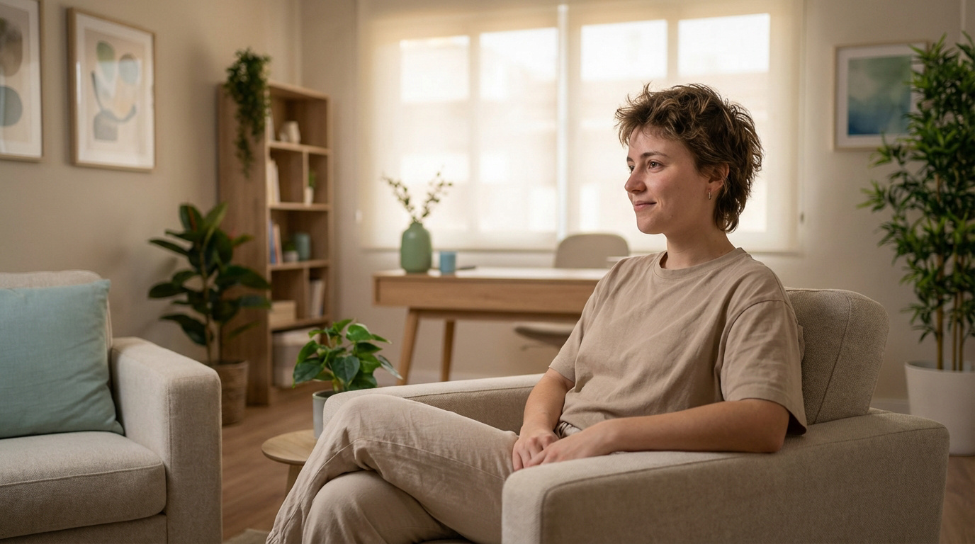 Femme aux cheveux courts assise calmement dans un fauteuil clair, regardant pensivement dans un bureau lumineux et moderne.