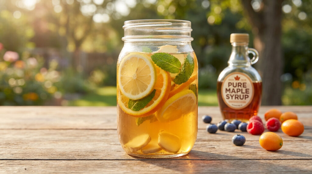 Bocal en verre de boisson énergisante maison au citron, orange, gingembre et menthe, avec sirop d'érable et fruits rouges sur table en bois dans un jardin ensoleillé.