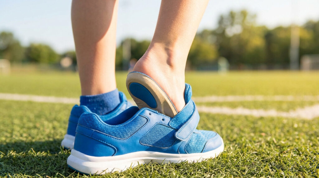 Un pied insère une semelle orthopédique beige et bleue dans une chaussure de sport bleue, sur un terrain de gazon vert.
