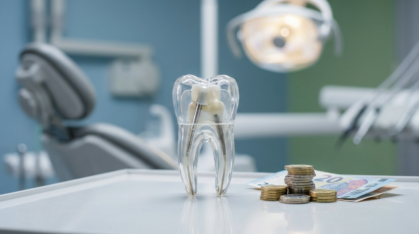 Modèle de dent avec pivot et monnaie euro sur table dentaire, fond flou de cabinet. Illustration des coûts dentaires.