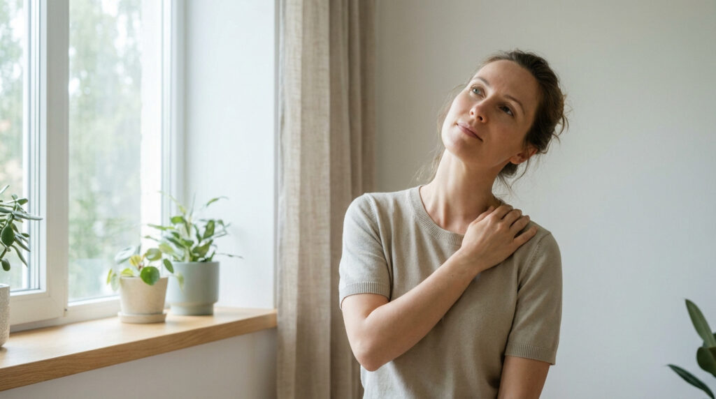 Femme effectuant un étirement doux de la nuque, la tête inclinée, main sur l'épaule, dans une pièce lumineuse près d'une fenêtre.