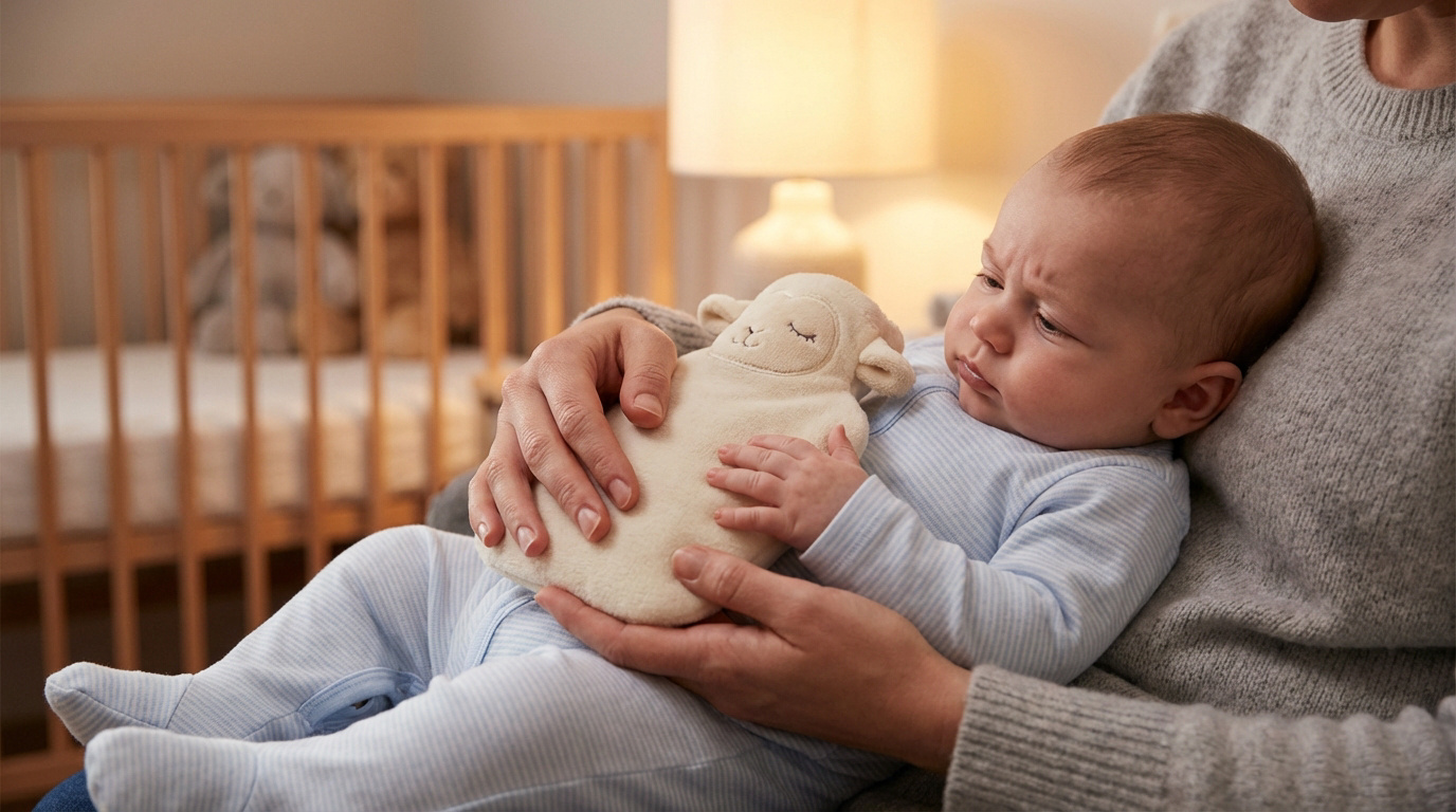 Adulte tenant un bébé avec une bouillotte en forme d'agneau. Le bébé, l'air chagriné, est apaisé par la chaleur.