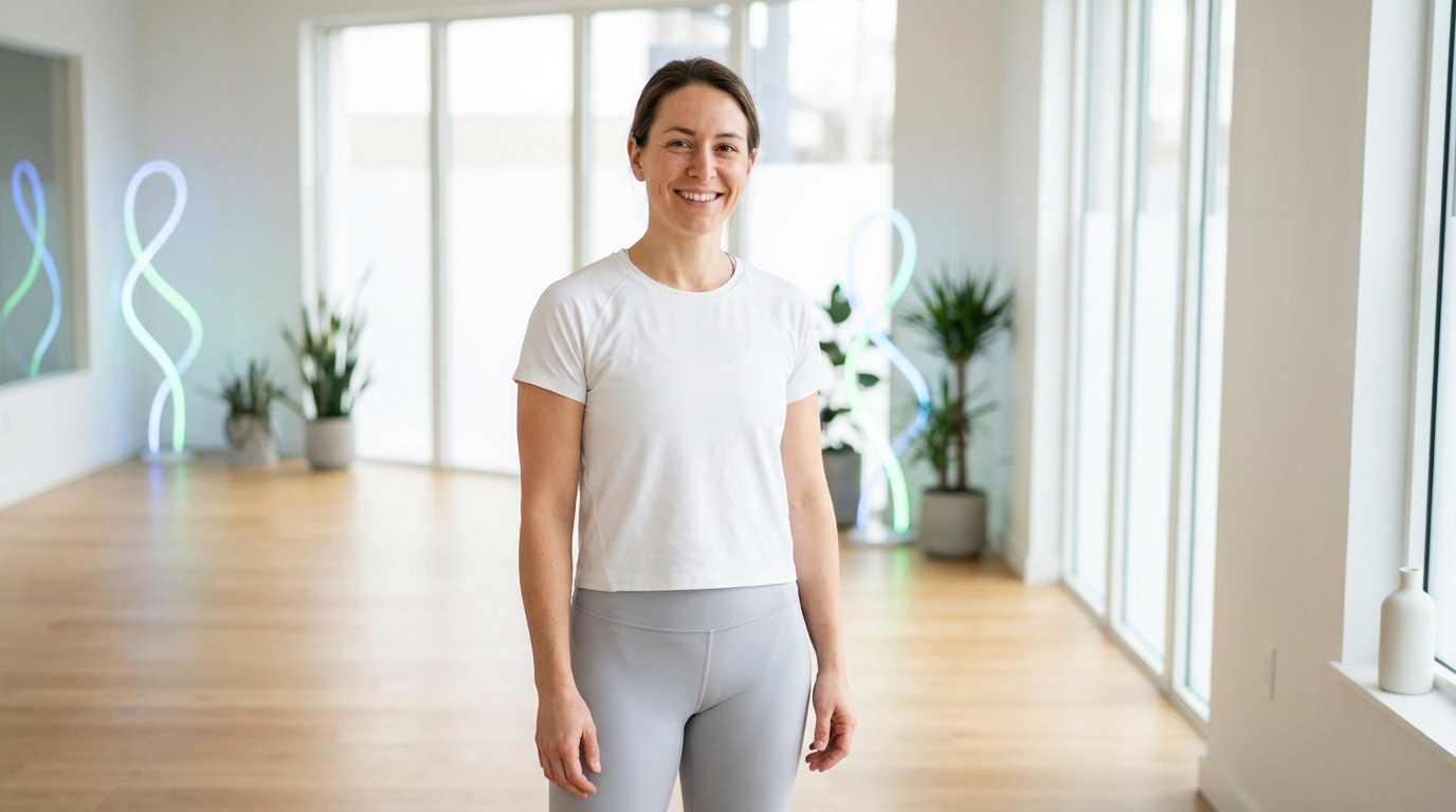 Jeune femme souriante en tenue de sport blanche et grise dans un studio lumineux avec plantes et lumières LED.