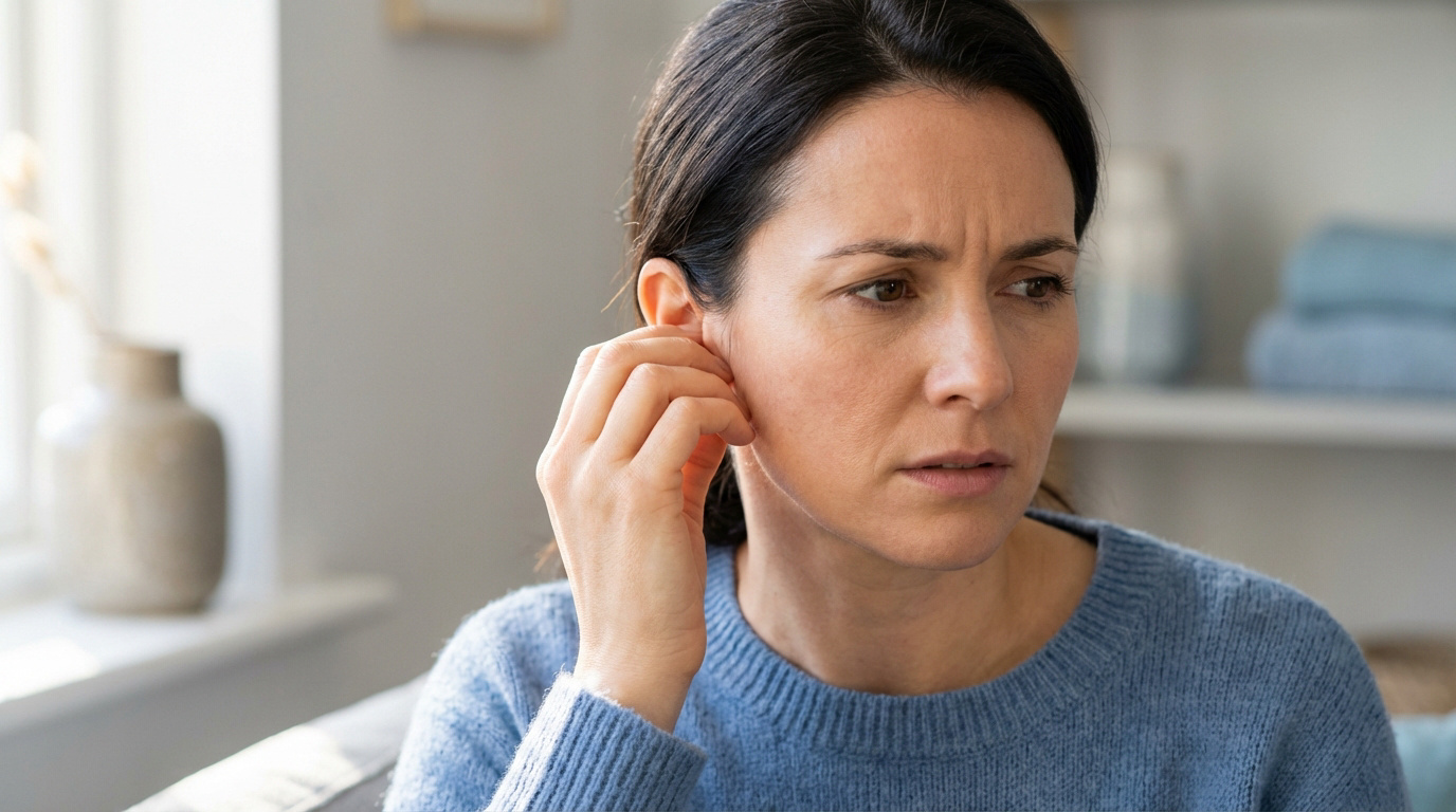 Une femme aux cheveux foncés, vêtue d'un pull bleu, touche son oreille droite avec une expression de gêne, suggérant une démangeaison.