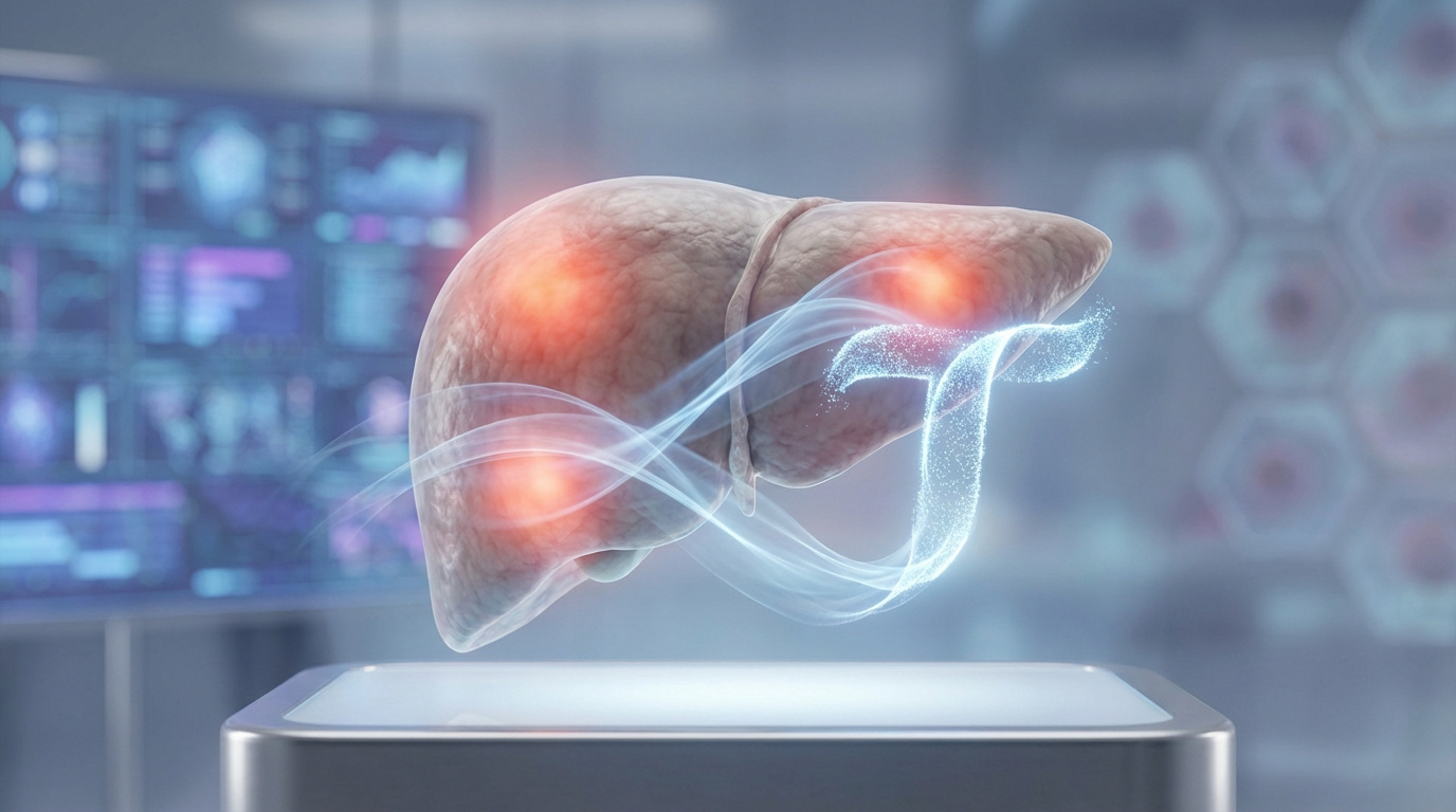 Modèle 3D d'un foie humain avec des zones rouges incandescentes, entouré de flux lumineux bleus, sur fond d'écrans de données médicales, symbolisant la toxicité hépatique.