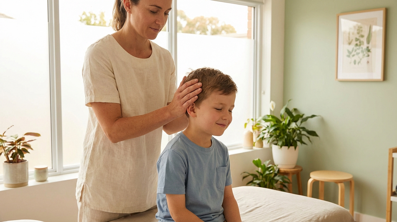 Ostéopathe femme traitant doucement la tête d'un garçon aux yeux fermés, potentiellement pour otite, dans une pièce lumineuse et apaisante.