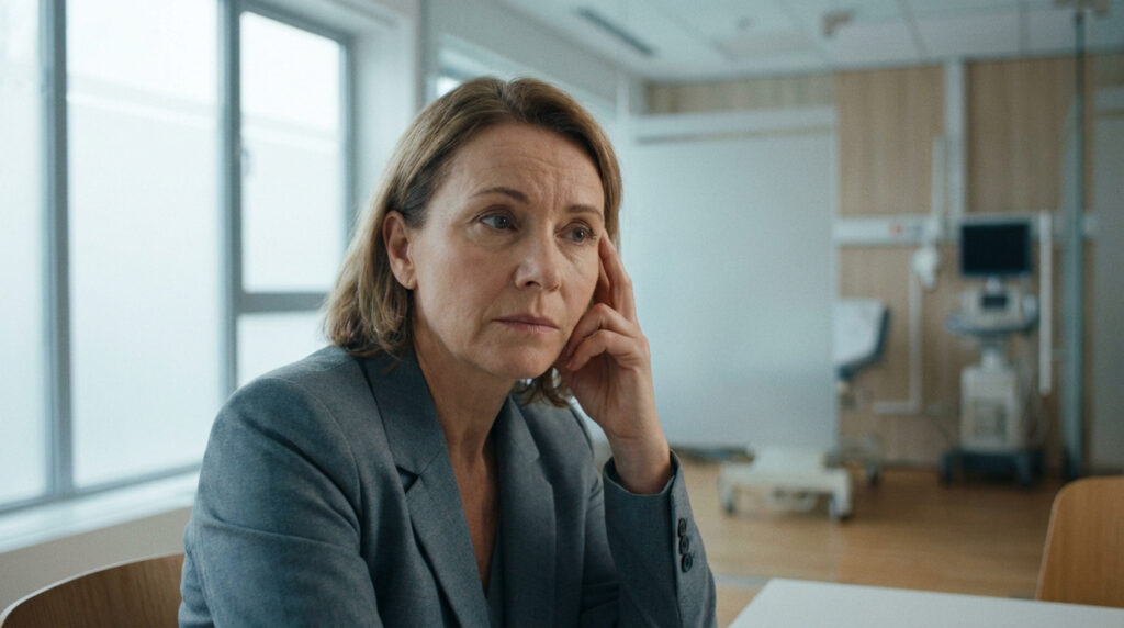 Plan rapproché d'une femme d'âge moyen, main sur la tempe, l'air pensif ou inquiet dans une salle d'hôpital.