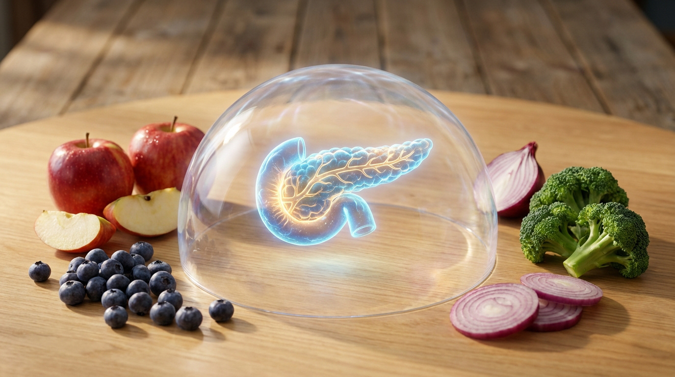 Illustration 3D d'un pancréas lumineux sous un dôme transparent, entouré de pommes, myrtilles, brocoli et oignon rouge sur bois.