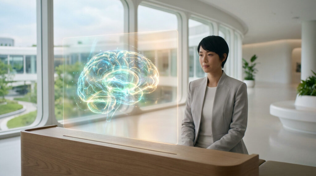 Femme devant un écran transparent affichant un cerveau lumineux en 3D. Scène futuriste de recherche ou traitement cérébral.