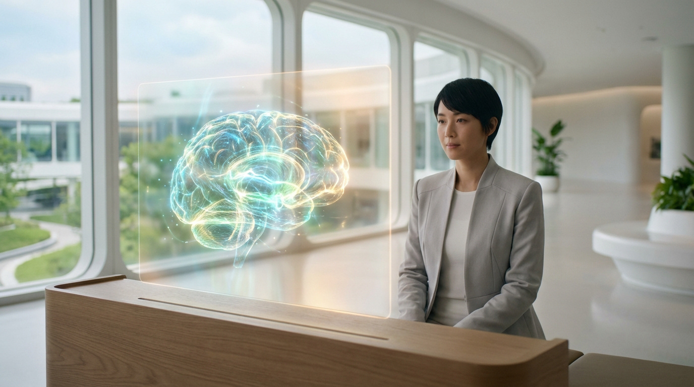 Femme devant un écran transparent affichant un cerveau lumineux en 3D. Scène futuriste de recherche ou traitement cérébral.