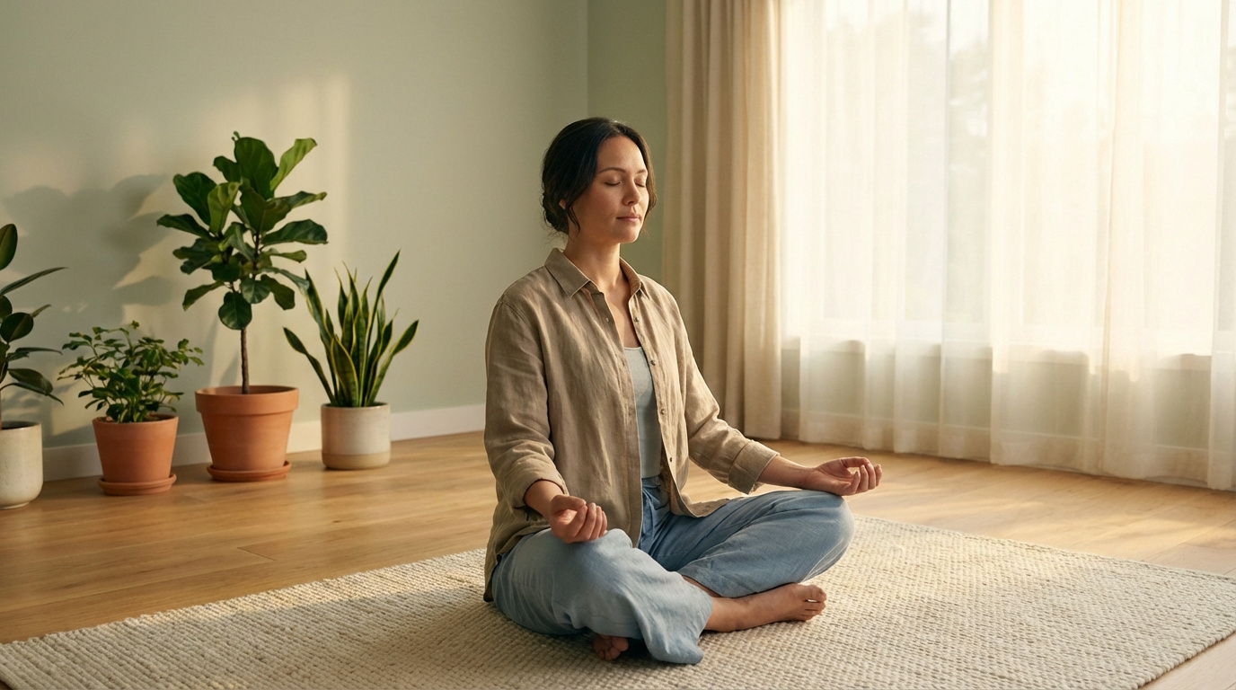 Femme méditant en position du lotus sur un tapis, yeux clos, mains en mudra. Lumière douce par la fenêtre, plantes.