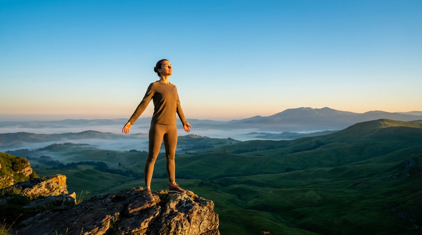 Femme en tenue de sport méditant sur un rocher face à un paysage montagneux brumeux au lever du soleil.