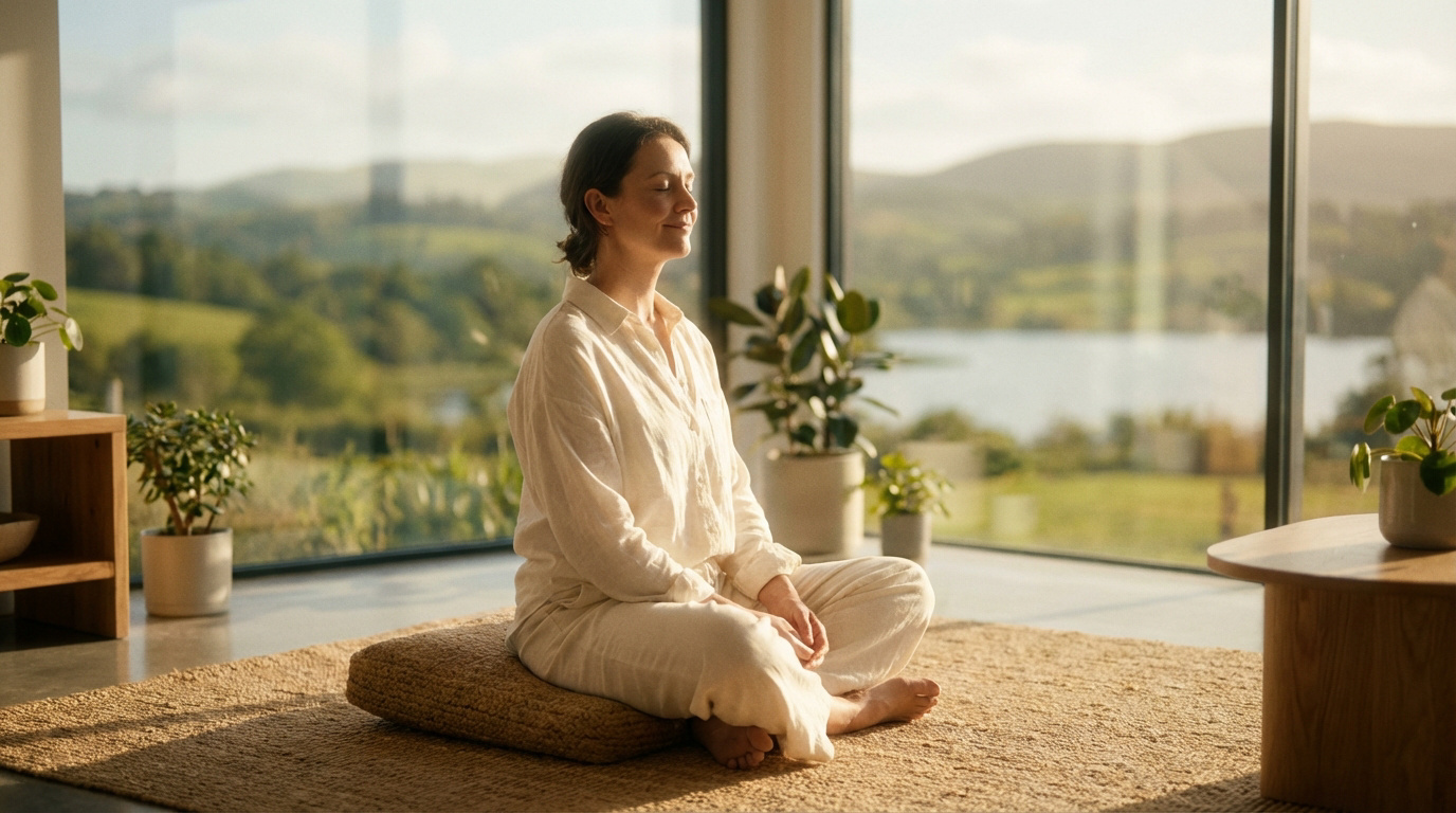 Femme méditant paisiblement sur un coussin, les yeux fermés, face à une grande fenêtre offrant une vue lacustre et verdoyante.