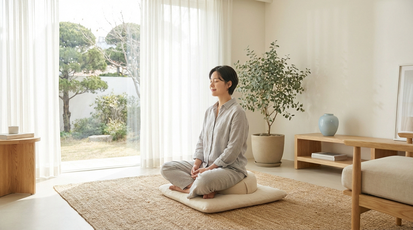 Femme méditant paisiblement dans un salon lumineux, assise sur un coussin, avec vue sur un jardin verdoyant.
