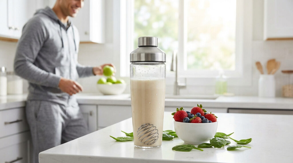 Bouteille shaker de whey isolate avec mélangeur, fruits rouges, épinards sur comptoir de cuisine. Homme prend des pommes.
