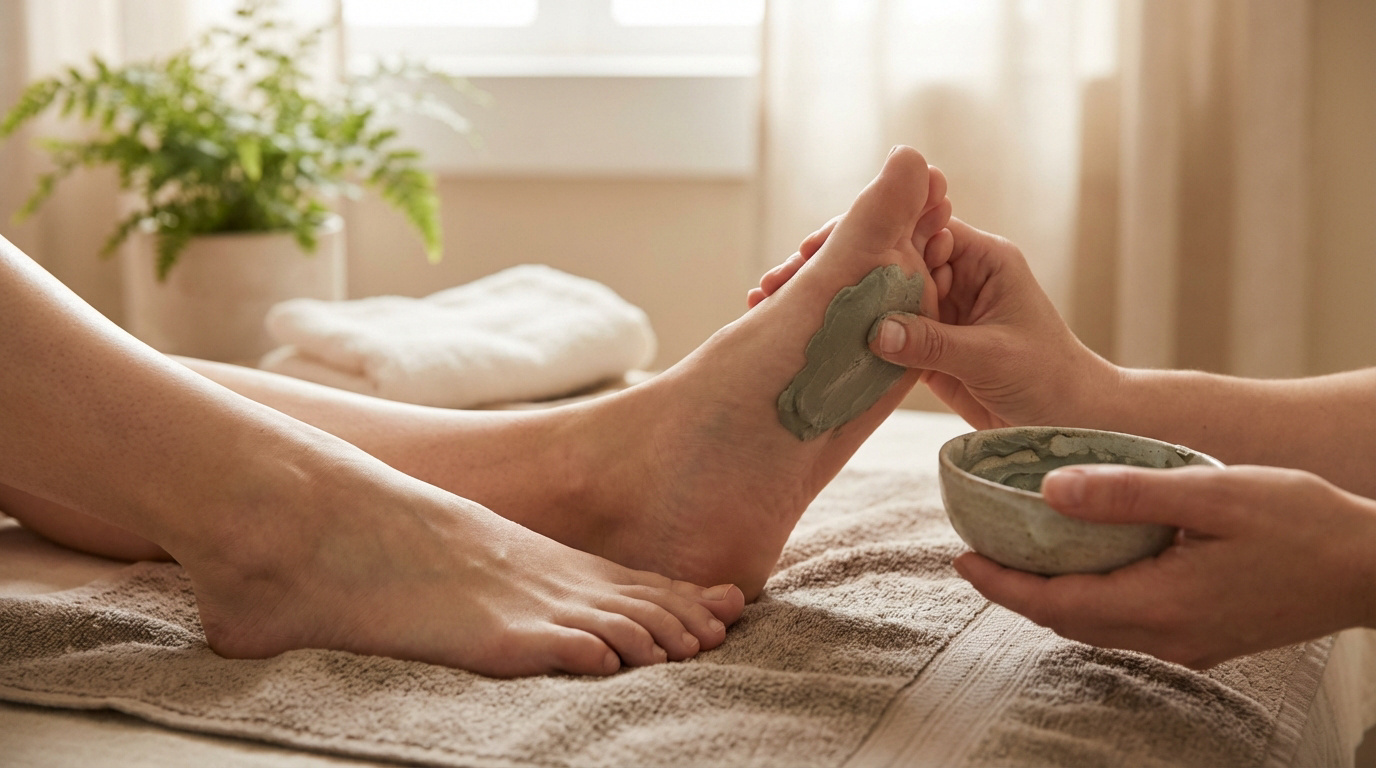 Gros plan sur des mains appliquant un masque d'argile vert-gris sur la plante d'un pied, posé sur une serviette douce. Un bol d'argile est visible.