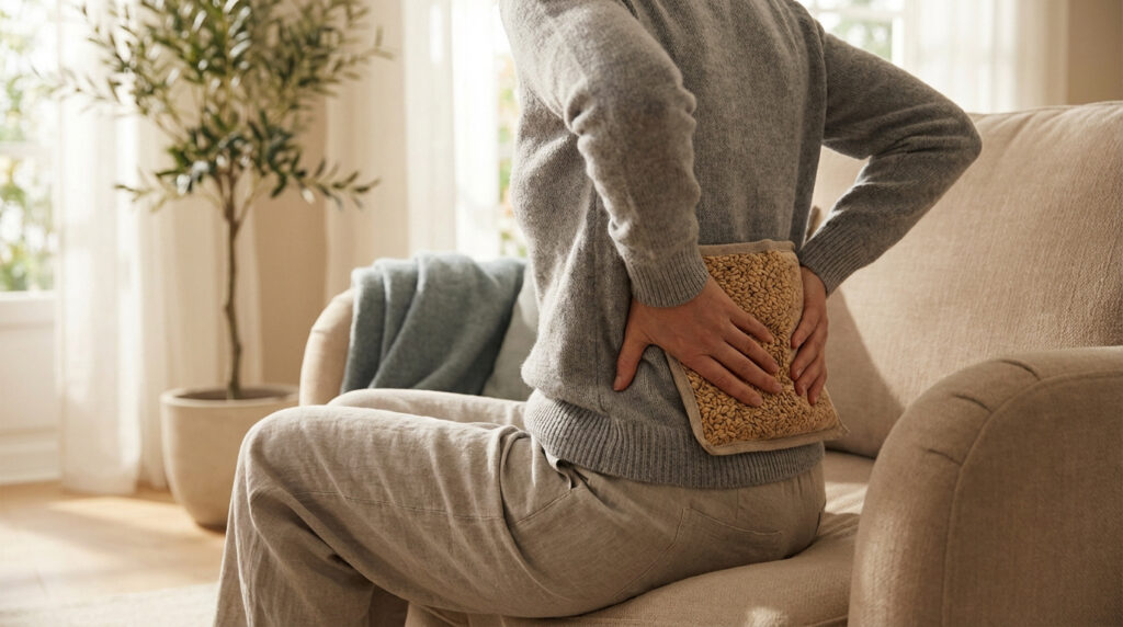 Personne assise appliquant une bouillotte de graines sur le bas de son dos pour soulager la douleur, dans un salon lumineux.