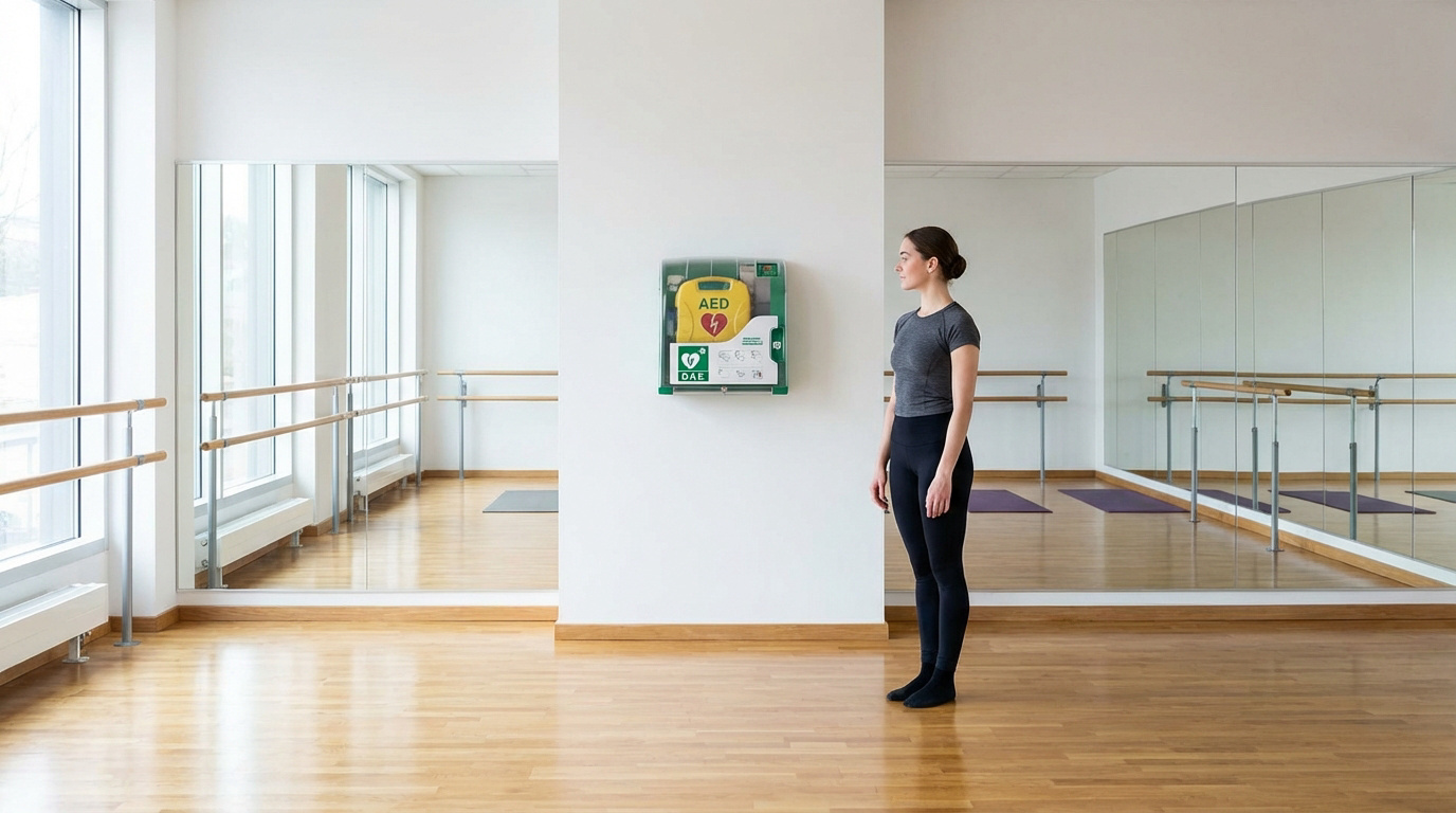 Salle de danse lumineuse avec DAE mural. Une femme en tenue de sport regarde l'appareil, entourée de miroirs et barres.