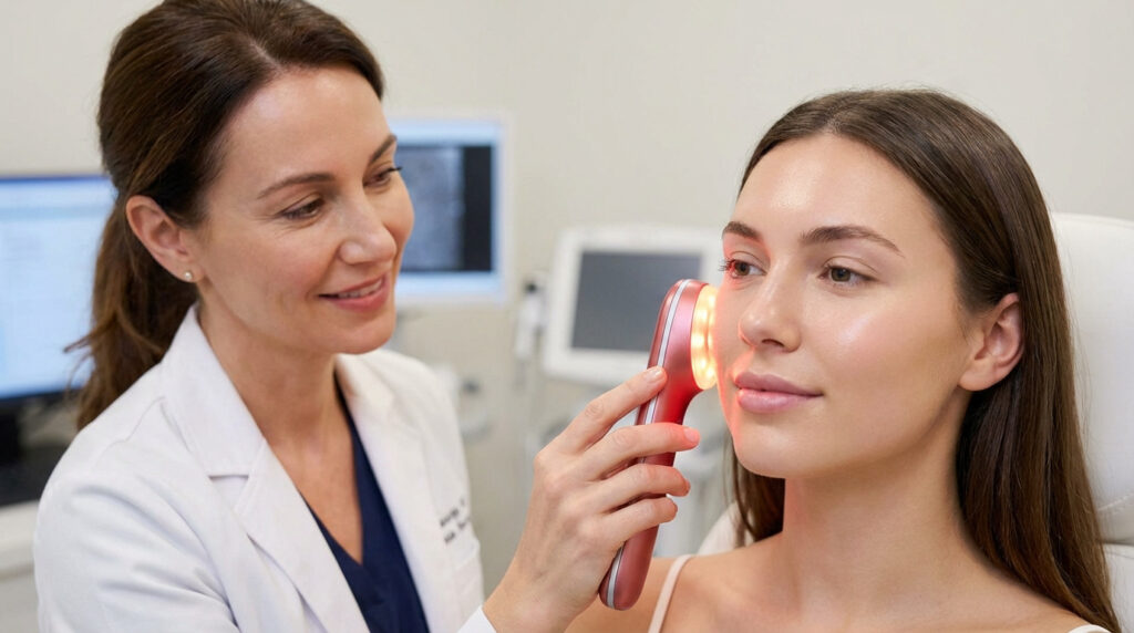 Une dermatologue applique un appareil de luminothérapie Lightinderm à lumière rouge sur le visage d'une patiente en clinique.