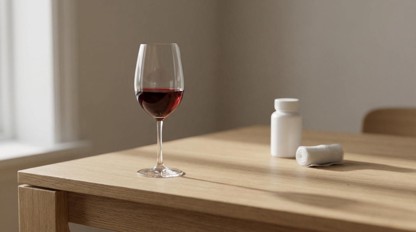 Verre de vin rouge, bouteille de pilules et bandage sur une table en bois, symbolisant la convalescence.