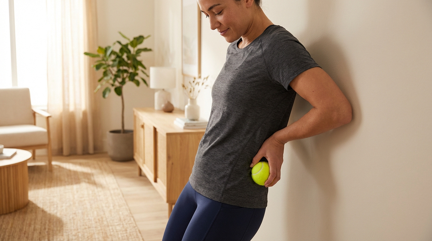 Femme en t-shirt gris et legging bleu soulageant son dos avec une balle de tennis contre un mur clair.