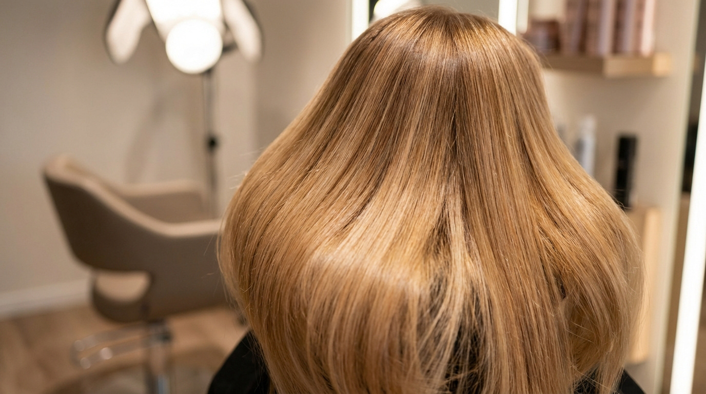 Vue arrière d'une personne aux longs cheveux blonds, brillants et lisses dans un salon de coiffure moderne.