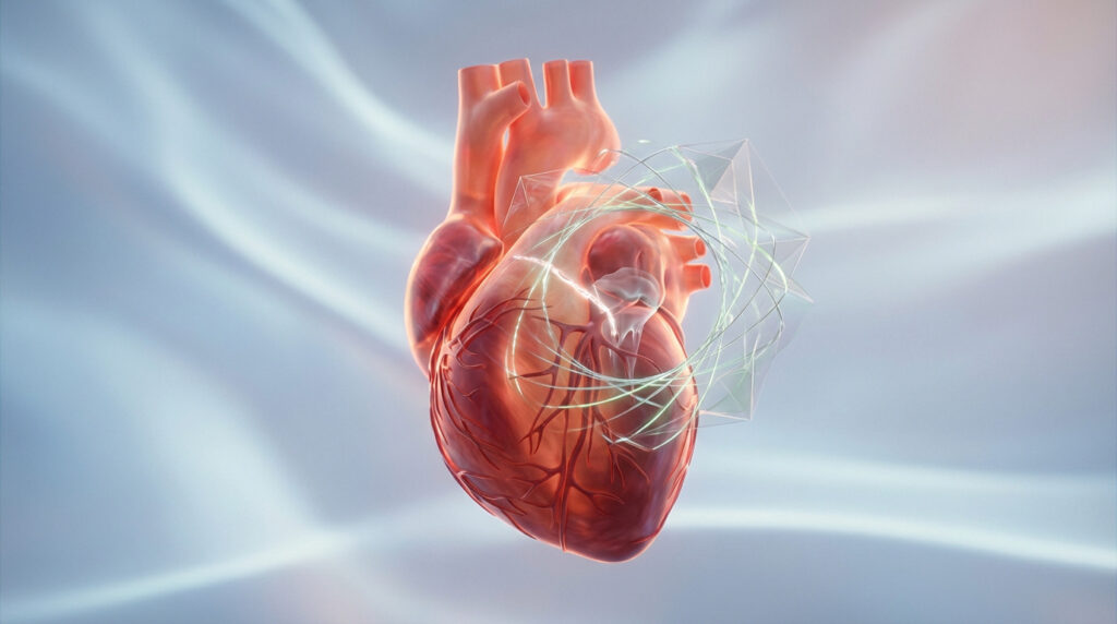 Illustration 3D d'un cœur humain avec des lignes lumineuses vertes et une structure géométrique, évoquant une fuite de valve ou une intervention.