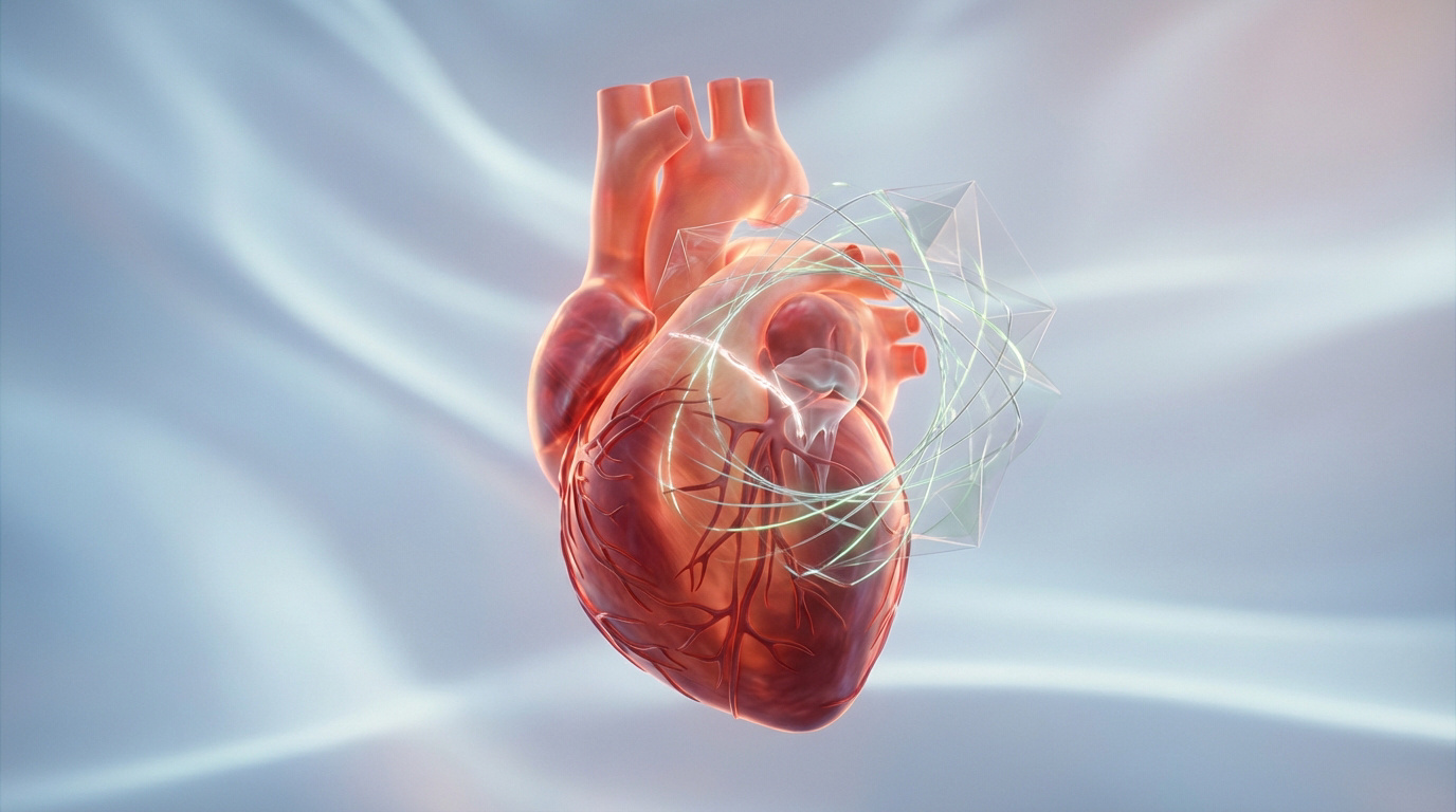 Illustration 3D d'un cœur humain avec des lignes lumineuses vertes et une structure géométrique, évoquant une fuite de valve ou une intervention.