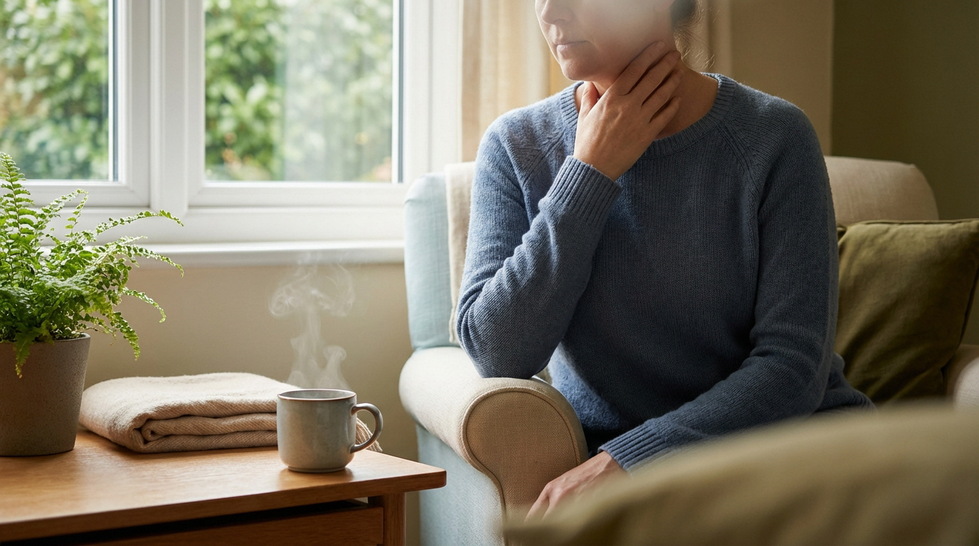 Une personne en pull bleu, la main sur la gorge, assise près d'une fenêtre. Une tasse fumante et une couverture suggèrent le réconfort.