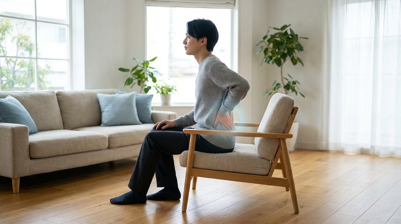 Un homme asiatique assis sur une chaise moderne en bois se tient le bas du dos avec une zone lumineuse bleue indiquant la douleur.