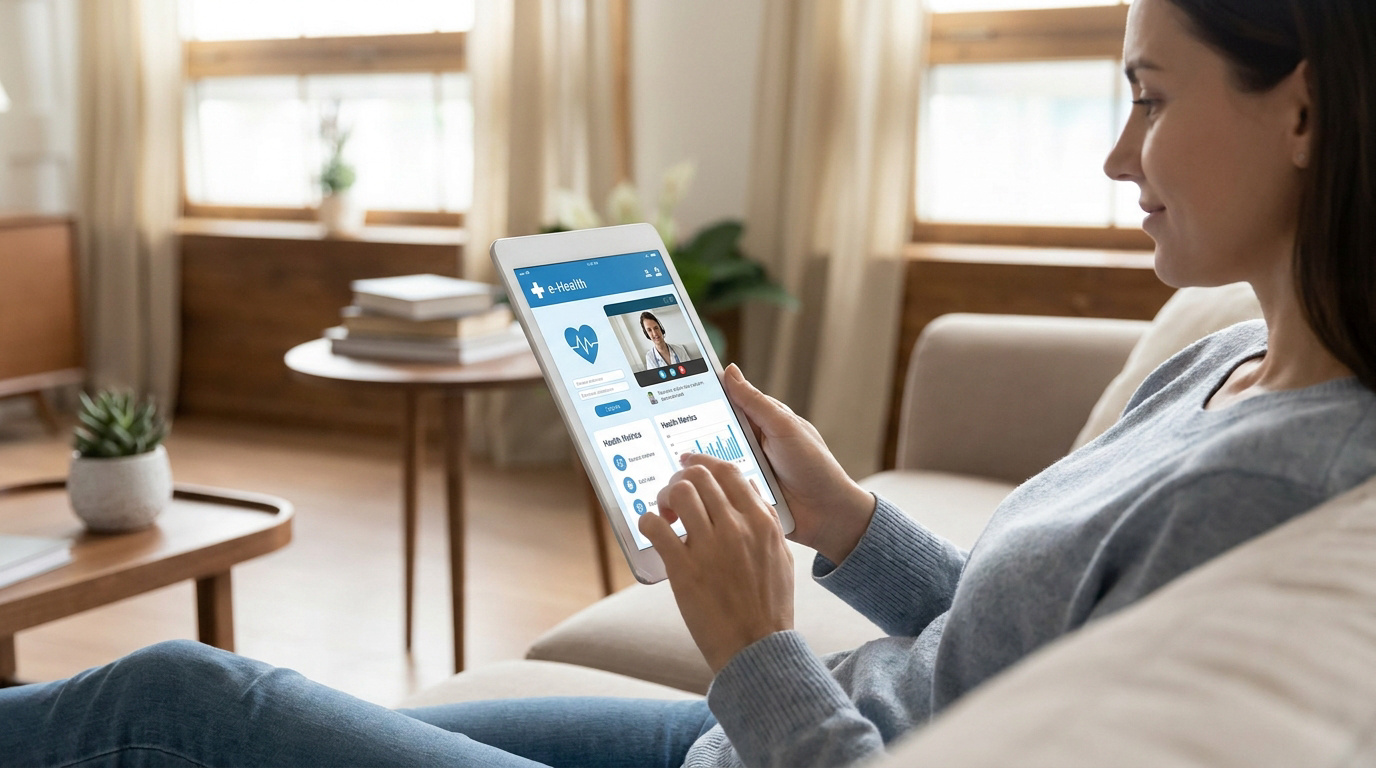 Femme en télémédecine, consultante un médecin sur une tablette affichant une application e-santé avec vidéo et données de santé.