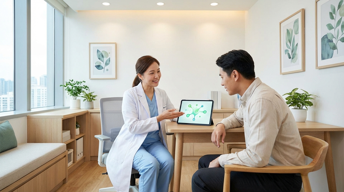 Une médecin explique une structure moléculaire sur une tablette à un patient. Consultation dans un bureau médical lumineux et moderne.