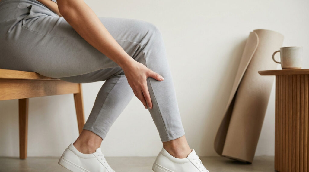 Femme assise, main sur son mollet douloureux, près d'un tapis de yoga. Suggère soulagement, douleur ou récupération après l'effort.