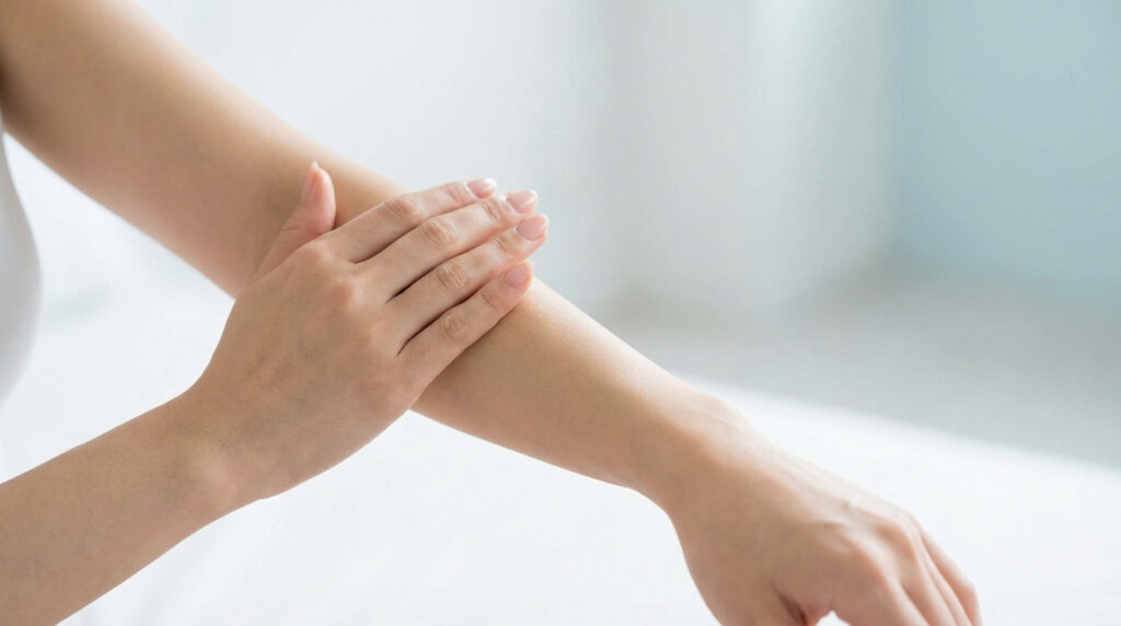 Une main caresse doucement un avant-bras, symbolisant le soin, l'apaisement ou l'application d'un produit pour la peau.