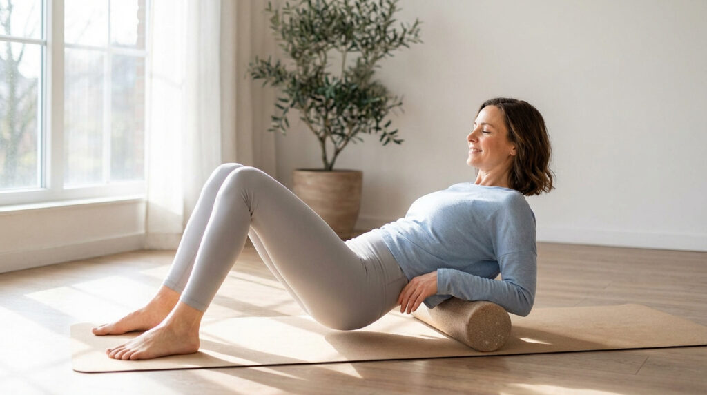 Femme souriante utilisant un rouleau de massage sur son dos, allongée sur un tapis de yoga dans une pièce lumineuse.