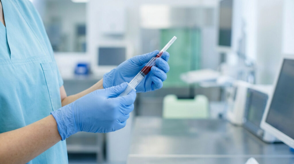 Mains gantées d'un soignant tenant une seringue de sang. Contexte médical de laboratoire pour analyse gazométrique.