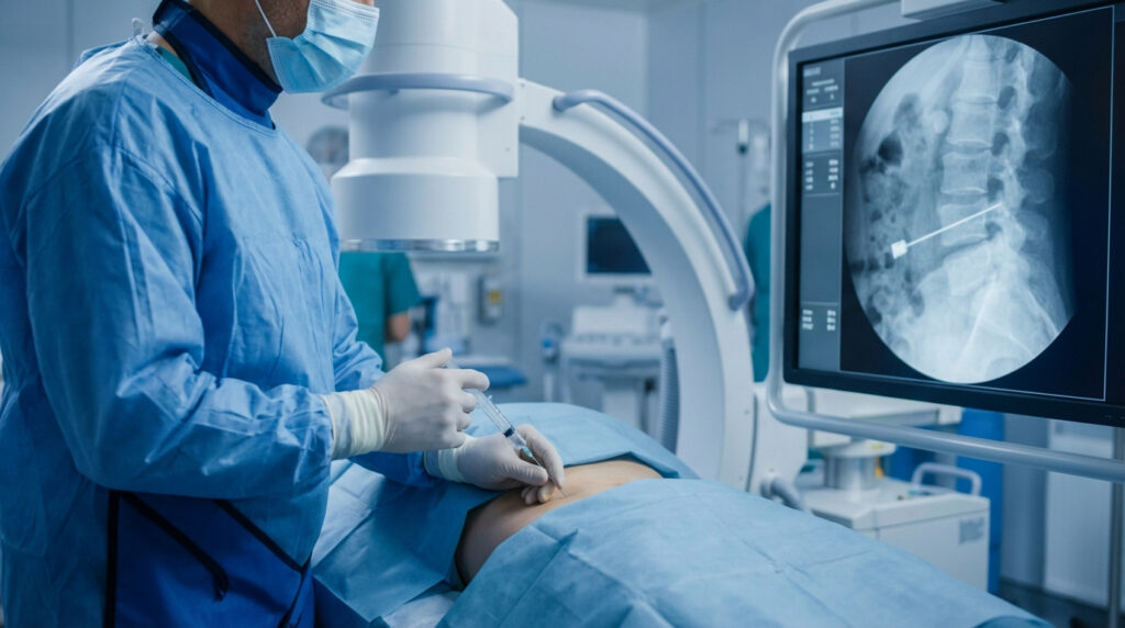 Un médecin réalise une infiltration lombaire sous fluoroscopie. L'écran montre l'aiguille dans la colonne vertébrale du patient.
