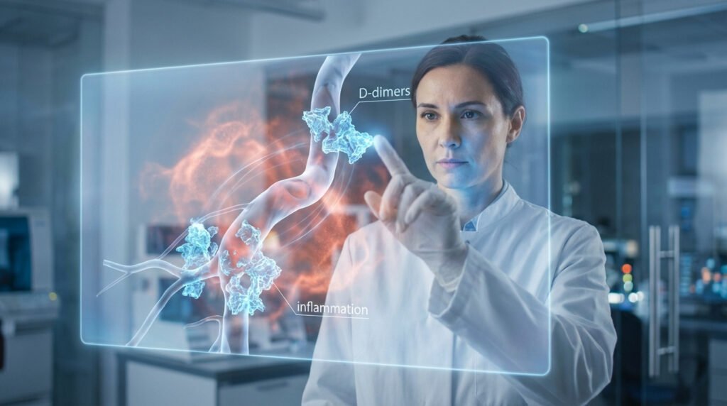 Scientifique en blouse blanche interagissant avec une projection holographique de D-dimères, inflammation et vaisseaux sanguins.