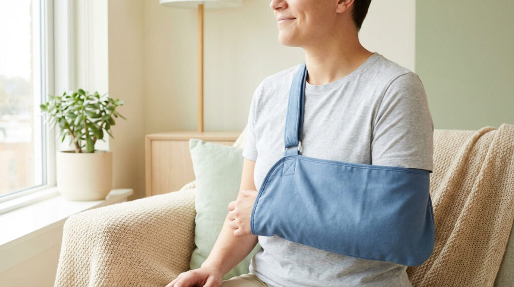 Personne souriante avec un bras gauche en écharpe bleue, assise confortablement sur un canapé, symbolisant la convalescence à domicile.