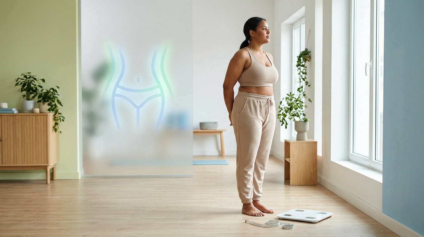 Femme contemplant sa silhouette avec une balance et un mètre ruban, un corps idéal stylisé en arrière-plan.