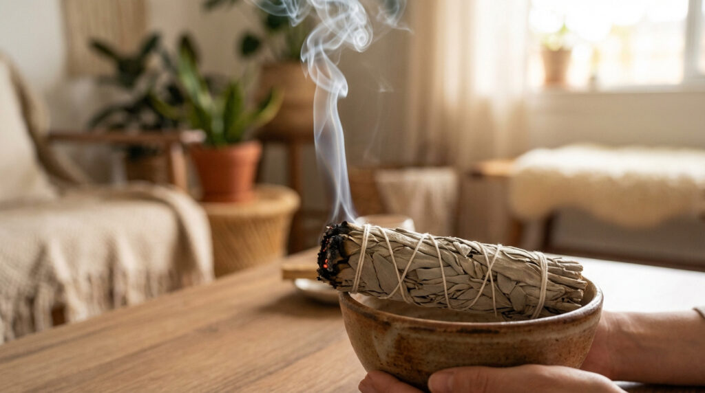 Gros plan sur des mains tenant un bol avec de la sauge blanche en train de brûler, dégageant de la fumée, dans un intérieur clair et chaleureux.