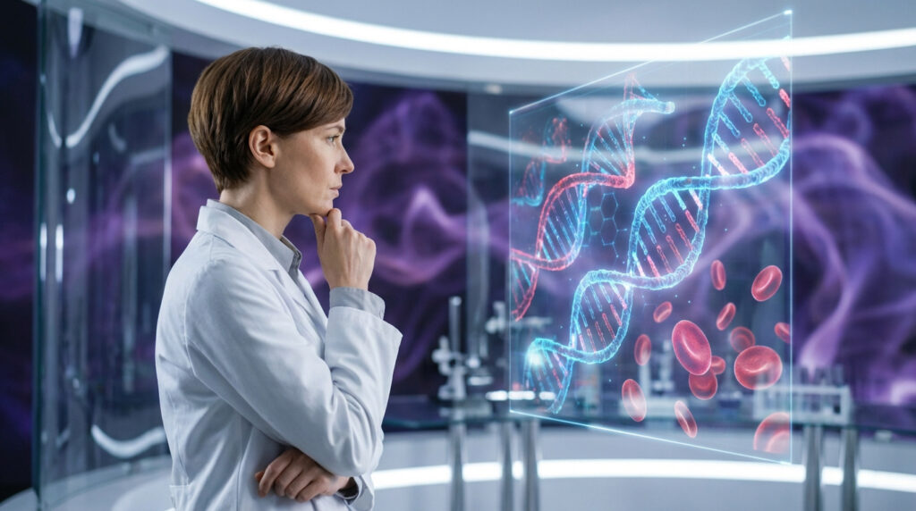 Scientifique en blouse blanche observe des hologrammes d'ADN et de globules rouges dans un laboratoire moderne.
