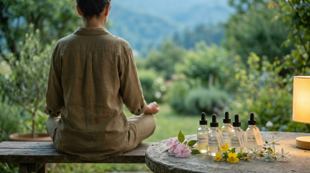 Femme de dos méditant dans un jardin luxuriant, avec des flacons d'élixirs floraux de Bach et fleurs fraîches sur une table en pierre.