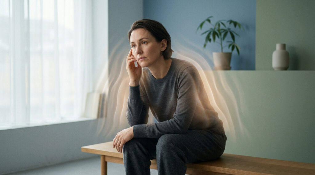 Femme pensive assise sur un banc, entourée d'un effet lumineux ondulant symbolisant une sensation de vibration interne.