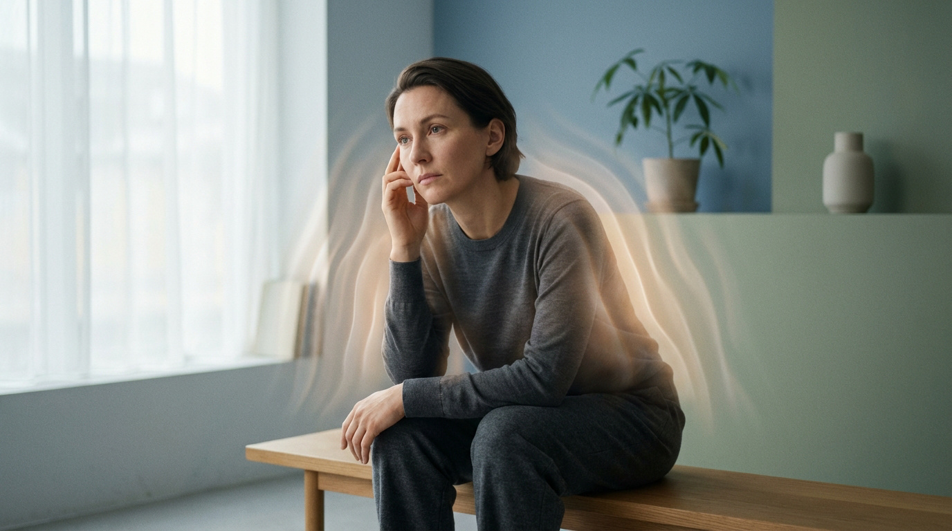 Femme pensive assise sur un banc, entourée d'un effet lumineux ondulant symbolisant une sensation de vibration interne.