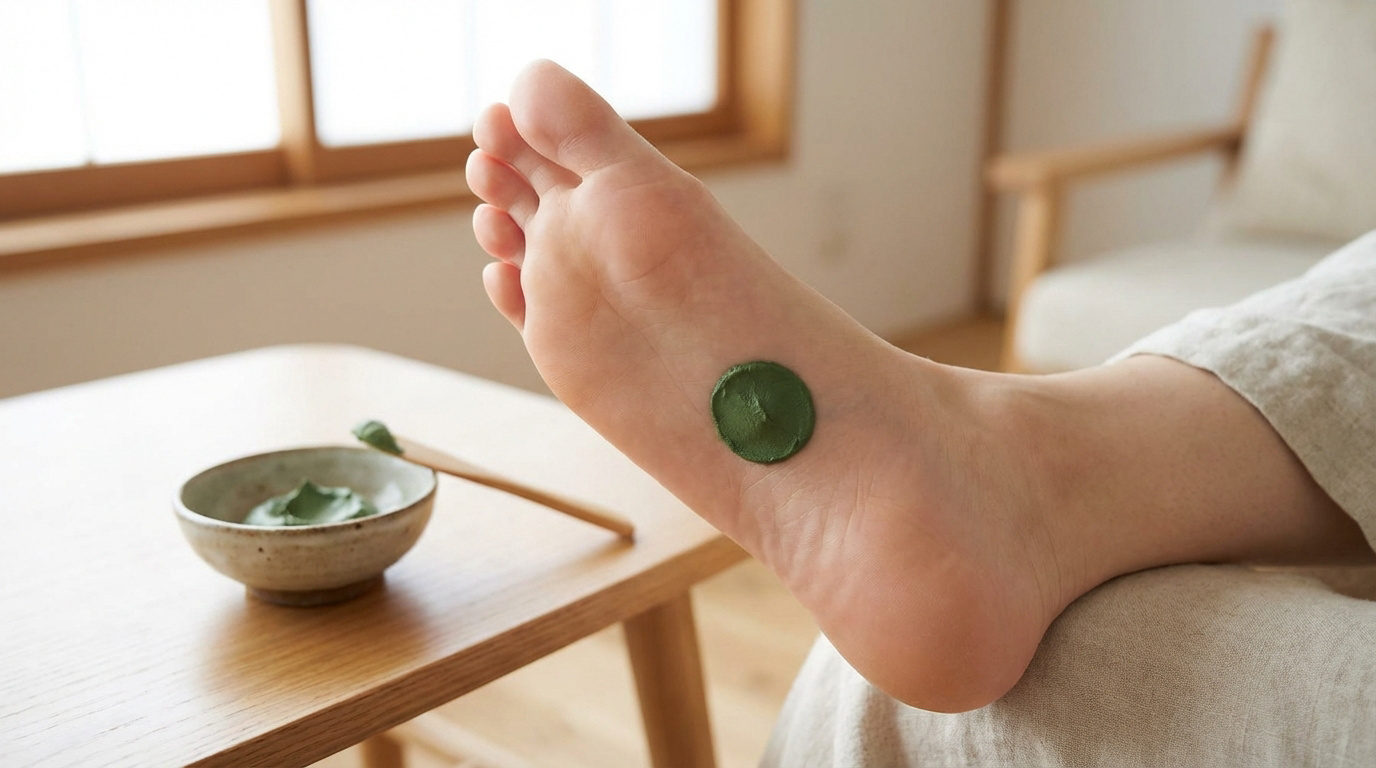 Un pied avec un cataplasme d'argile verte sur la plante, à côté d'un bol et d'une spatule en bois sur une table.