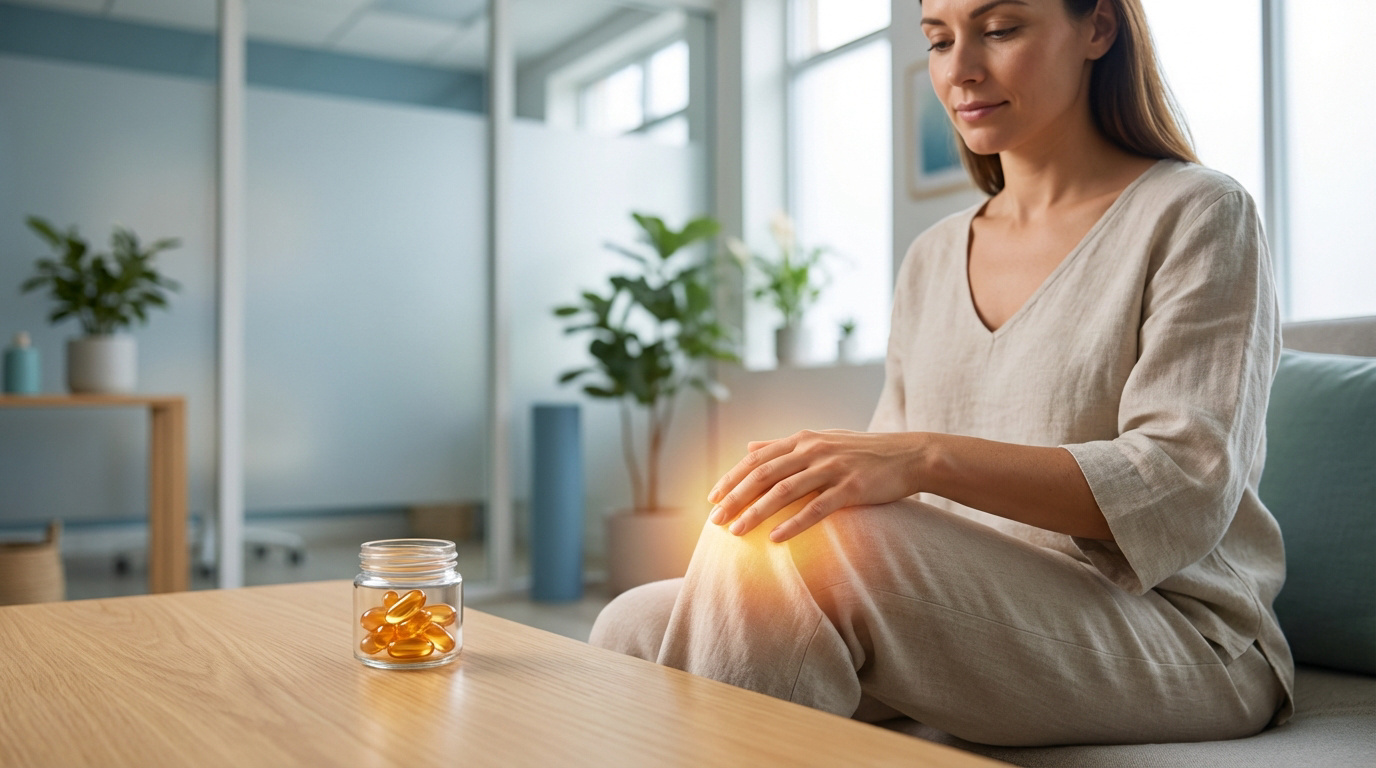 Femme se tenant le genou douloureux (effet de chaleur) à côté d'un pot de gélules d'oméga-3. Scène intérieure lumineuse.